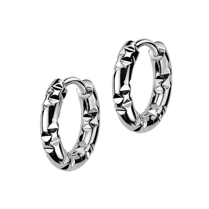 Faceted Hammered Hinged Huggie Hoop Earrings - Pair - 316L Stainless Steel
