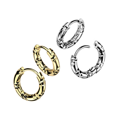 Faceted Hammered Hinged Huggie Hoop Earrings - Pair - 316L Stainless Steel