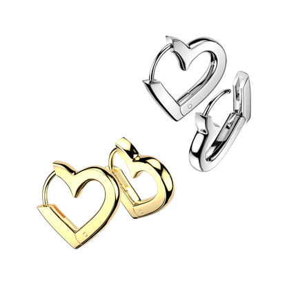 Heart Shaped Hinged Huggie Hoop Earrings - Pair - 316L Stainless Steel