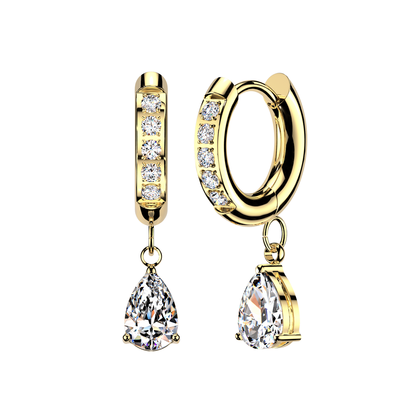 CZ Dangling Teardrop Hinged Huggie Hoop Earrings - Pair - 316L Stainless Steel