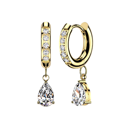 CZ Dangling Teardrop Hinged Huggie Hoop Earrings - Pair - 316L Stainless Steel