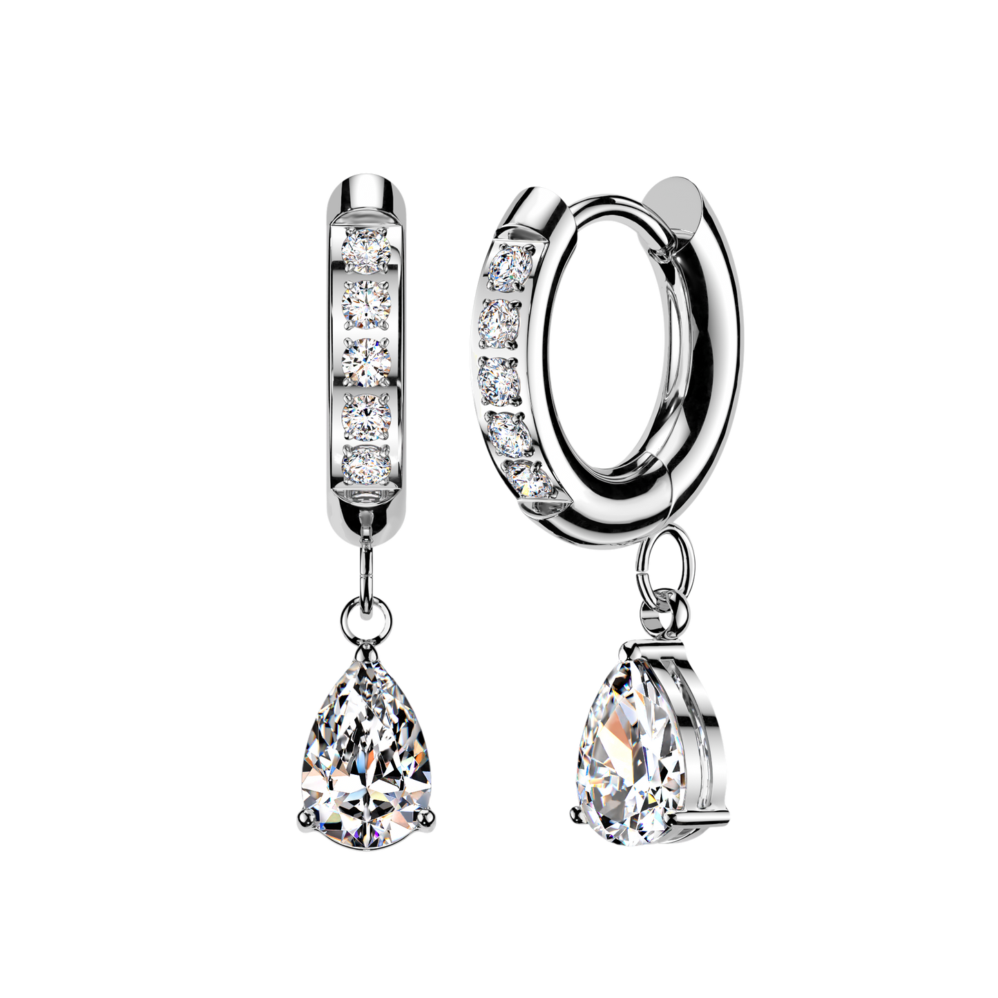 CZ Dangling Teardrop Hinged Huggie Hoop Earrings - Pair - 316L Stainless Steel