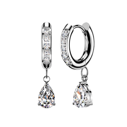 CZ Dangling Teardrop Hinged Huggie Hoop Earrings - Pair - 316L Stainless Steel