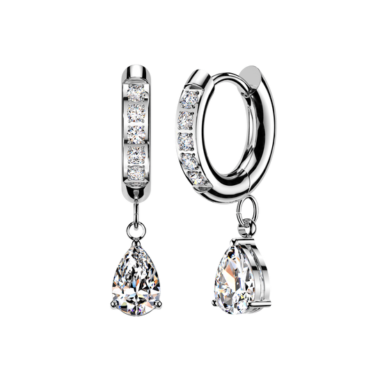 CZ Dangling Teardrop Hinged Huggie Hoop Earrings - Pair - 316L Stainless Steel