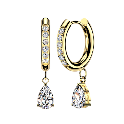CZ Dangling Teardrop Hinged Huggie Hoop Earrings - Pair - 316L Stainless Steel
