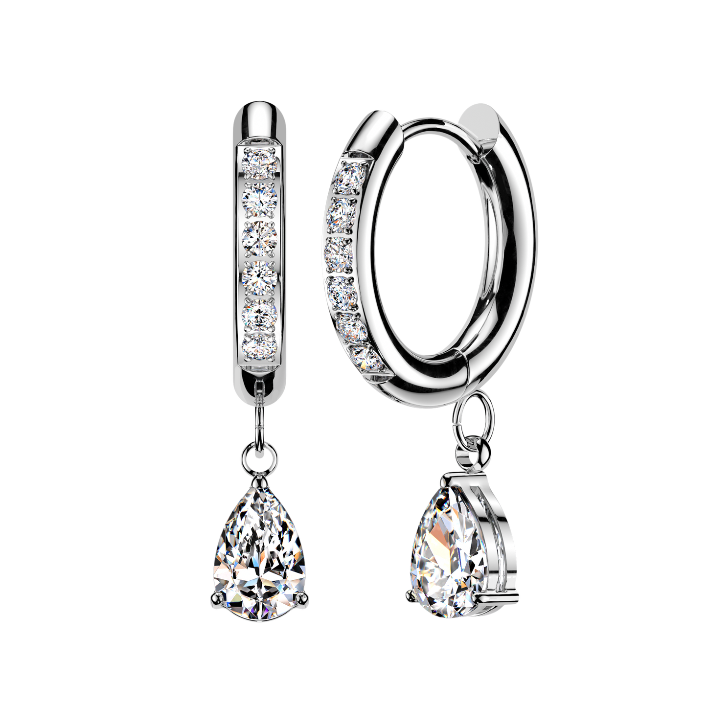 CZ Dangling Teardrop Hinged Huggie Hoop Earrings - Pair - 316L Stainless Steel