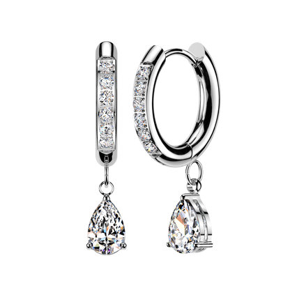 CZ Dangling Teardrop Hinged Huggie Hoop Earrings - Pair - 316L Stainless Steel