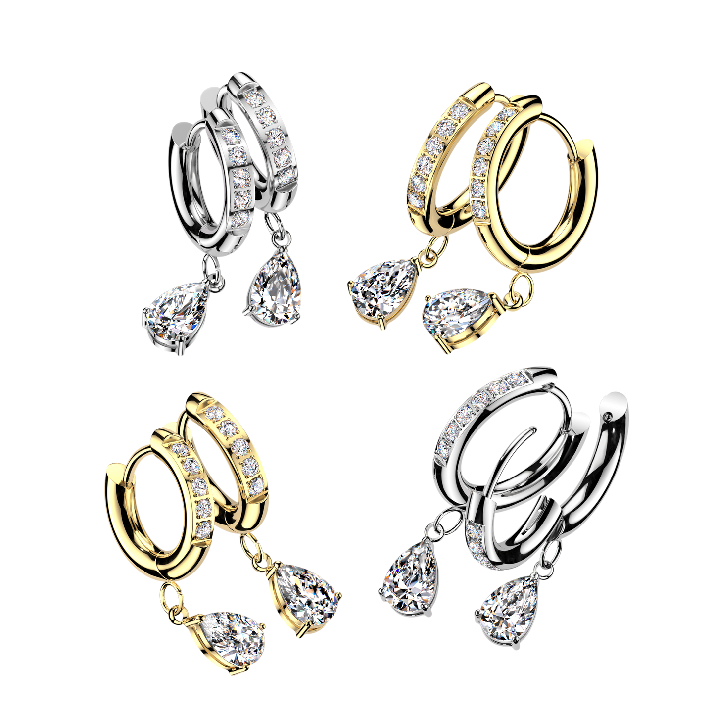 CZ Dangling Teardrop Hinged Huggie Hoop Earrings - Pair - 316L Stainless Steel