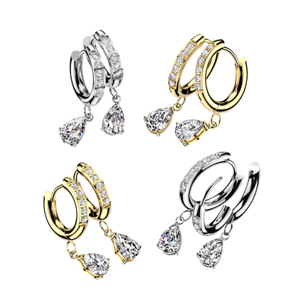 CZ Dangling Teardrop Hinged Huggie Hoop Earrings - Pair - 316L Stainless Steel