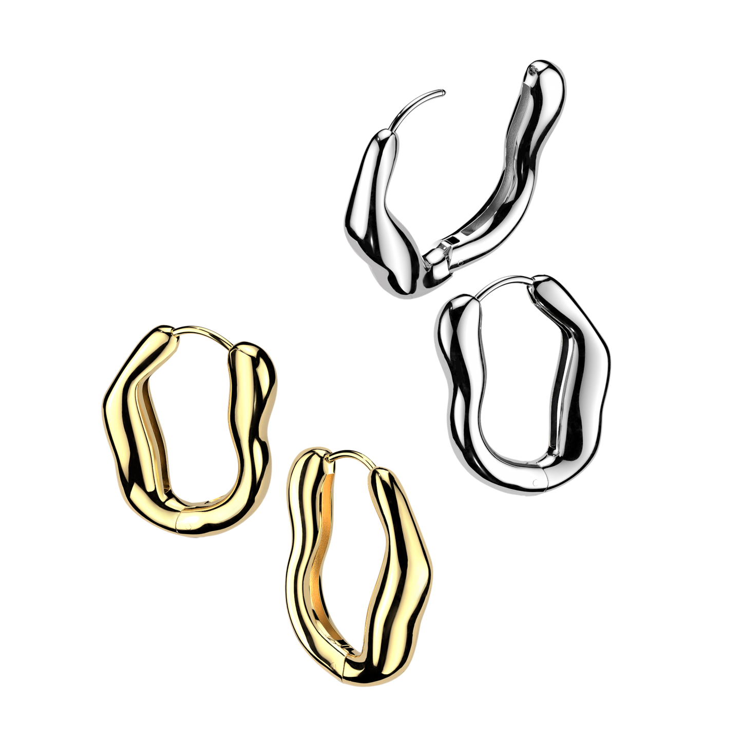 Wavy Oval Hinged Hoop Earrings - Pair - 316L Stainless Steel