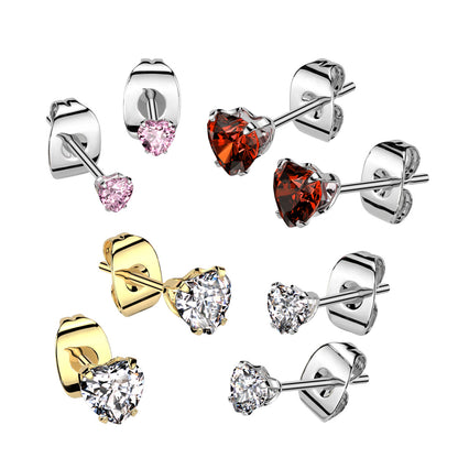 CZ Crystal Heart Stud Earrings - Pair - 316L Stainless Steel