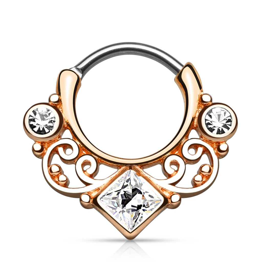 Golden Filigree Swirl with Clear Square CZ Center Hinged Segment Clicker Ring - 316L Stainless Steel