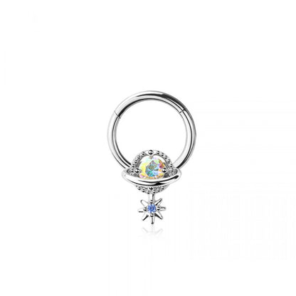 CZ Crystal Planet with Starburst Drop Hinged Segment Clicker Ring - 316L Stainless Steel