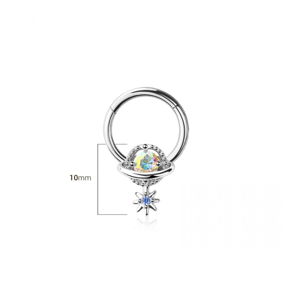 CZ Crystal Planet with Starburst Drop Hinged Segment Clicker Ring - 316L Stainless Steel