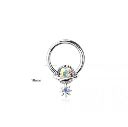 CZ Crystal Planet with Starburst Drop Hinged Segment Clicker Ring - 316L Stainless Steel