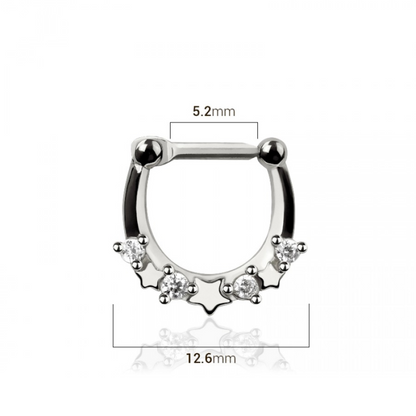 CZ Crystal and Star Lined Septum Clicker Ring - 316L Stainless Steel