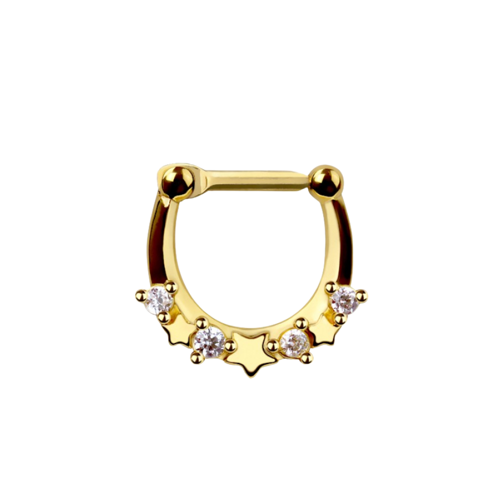 CZ Crystal and Star Lined Septum Clicker Ring - 316L Stainless Steel