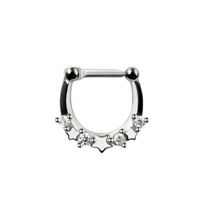 CZ Crystal and Star Lined Septum Clicker Ring - 316L Stainless Steel