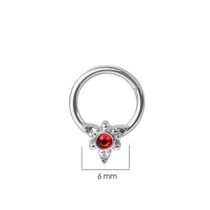 Red CZ Crystal Center Hinged Segment Clicker Ring - 316L Stainless Steel