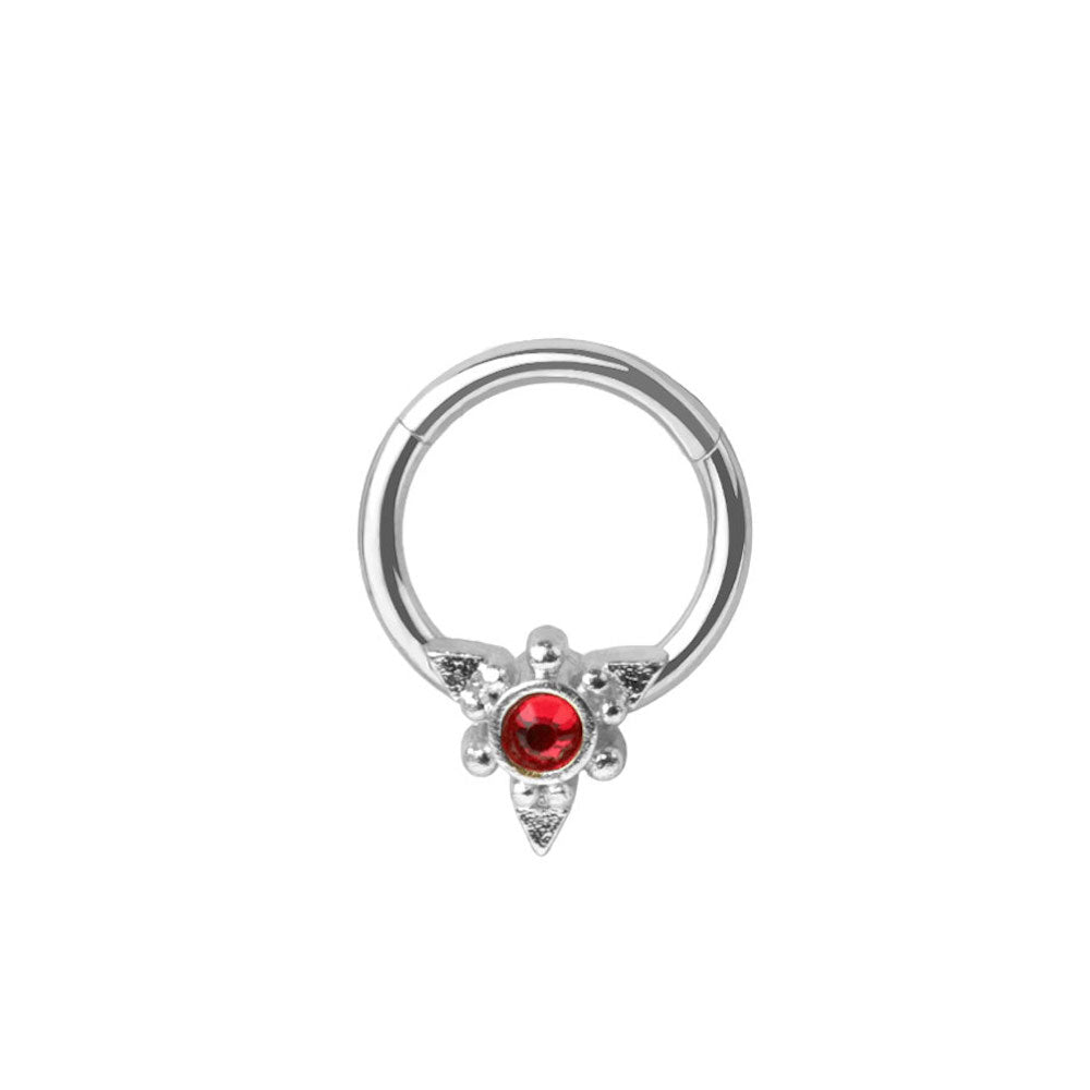 Red CZ Crystal Center Hinged Segment Clicker Ring - 316L Stainless Steel