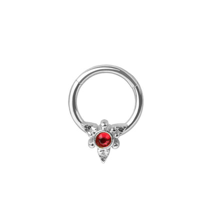 Red CZ Crystal Center Hinged Segment Clicker Ring - 316L Stainless Steel