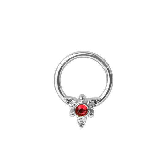 Red CZ Crystal Center Hinged Segment Clicker Ring - 316L Stainless Steel