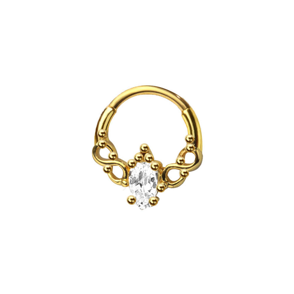 Ornate Oval CZ Crystal Center Hinged Segment Clicker Ring - 316L Stainless Steel