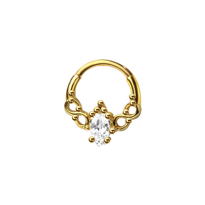 Ornate Oval CZ Crystal Center Hinged Segment Clicker Ring - 316L Stainless Steel