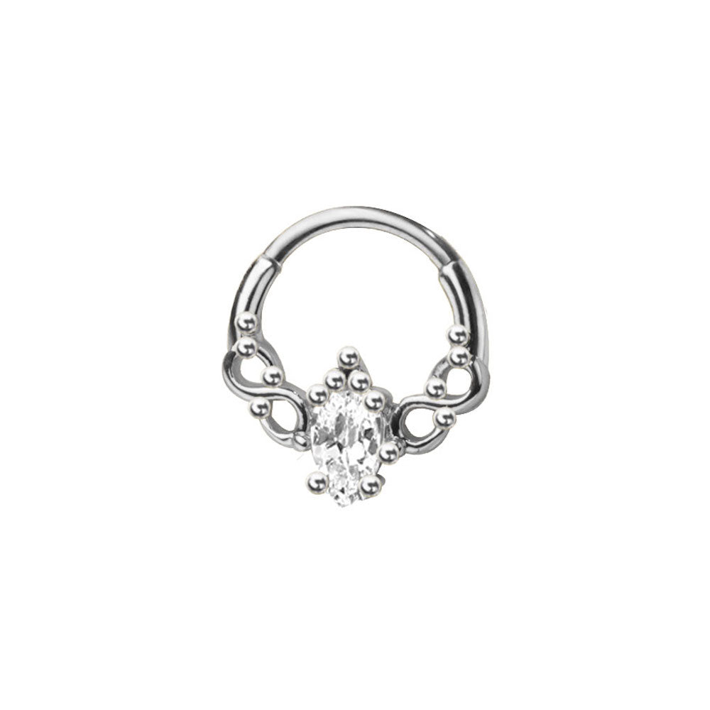 Ornate Oval CZ Crystal Center Hinged Segment Clicker Ring - 316L Stainless Steel