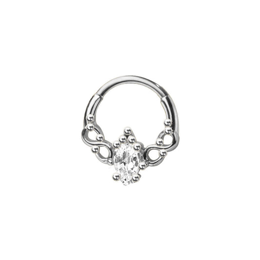 Ornate Oval CZ Crystal Center Hinged Segment Clicker Ring - 316L Stainless Steel