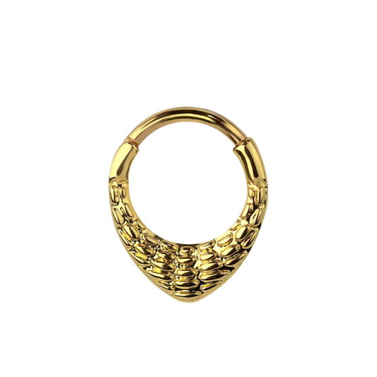 Crocodile Skin Textured Teardrop Shaped Hinged Segment Clicker Ring - 316L Stainless Steel