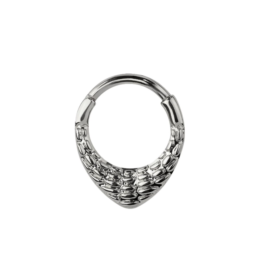 Crocodile Skin Textured Teardrop Shaped Hinged Segment Clicker Ring - 316L Stainless Steel