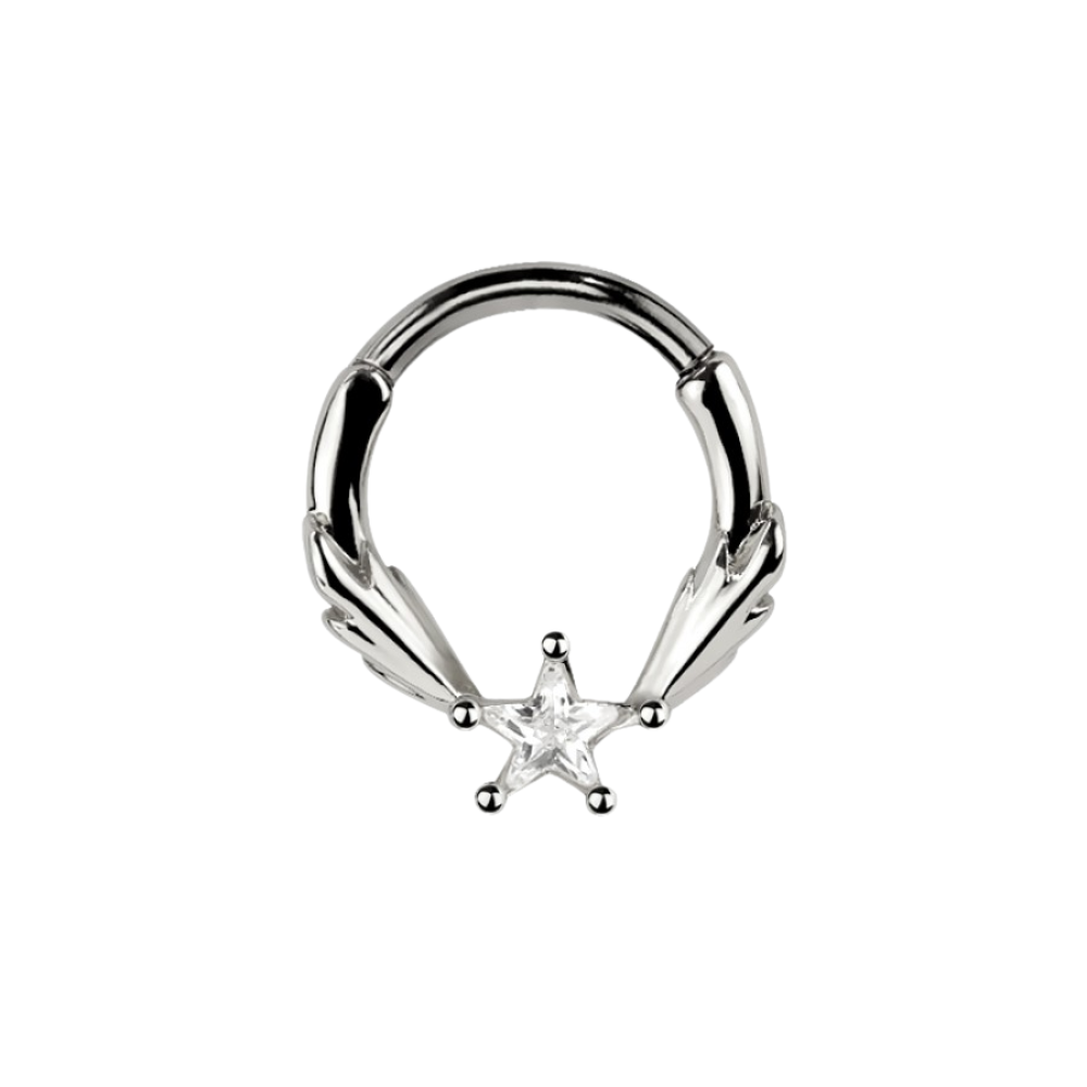 CZ Crystal Shooting Star Center Hinged Segment Clicker Ring - 316L Stainless Steel