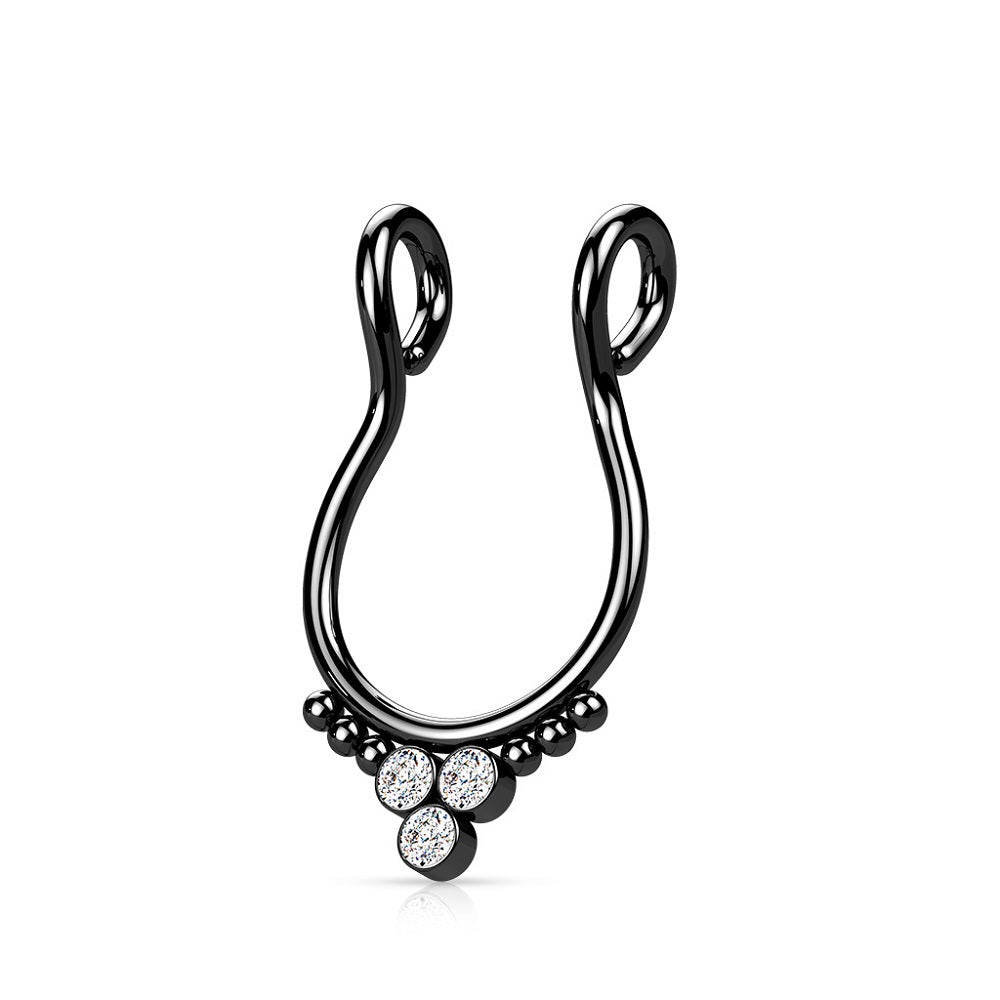 Triple CZ Crystal and Ball Clusters Fake Septum Ring - 316L Stainless Steel