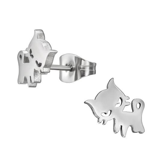 Cat Stud Earrings - Pair - Stainless Steel