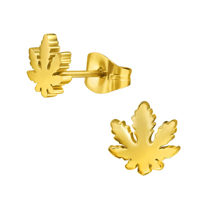 Pot Leaf Stud Earrings - Pair - Stainless Steel