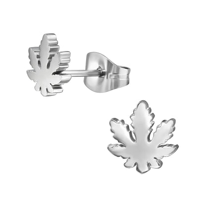 Pot Leaf Stud Earrings - Pair - Stainless Steel