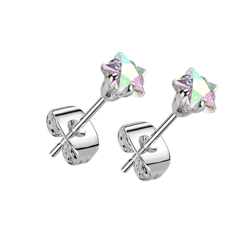 Prong Set CZ Crystal Star Stud Earrings - Pair - 316L Stainless Steel