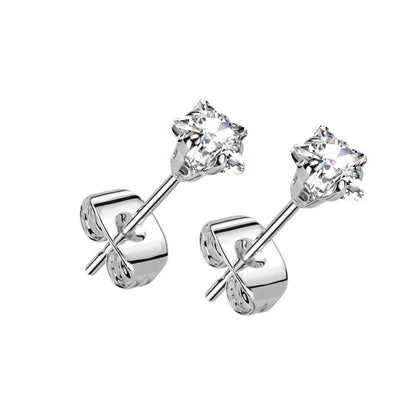 Prong Set CZ Crystal Star Stud Earrings - Pair - 316L Stainless Steel