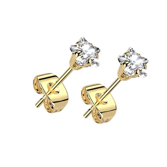 Prong Set CZ Crystal Star Stud Earrings - Pair - 316L Stainless Steel