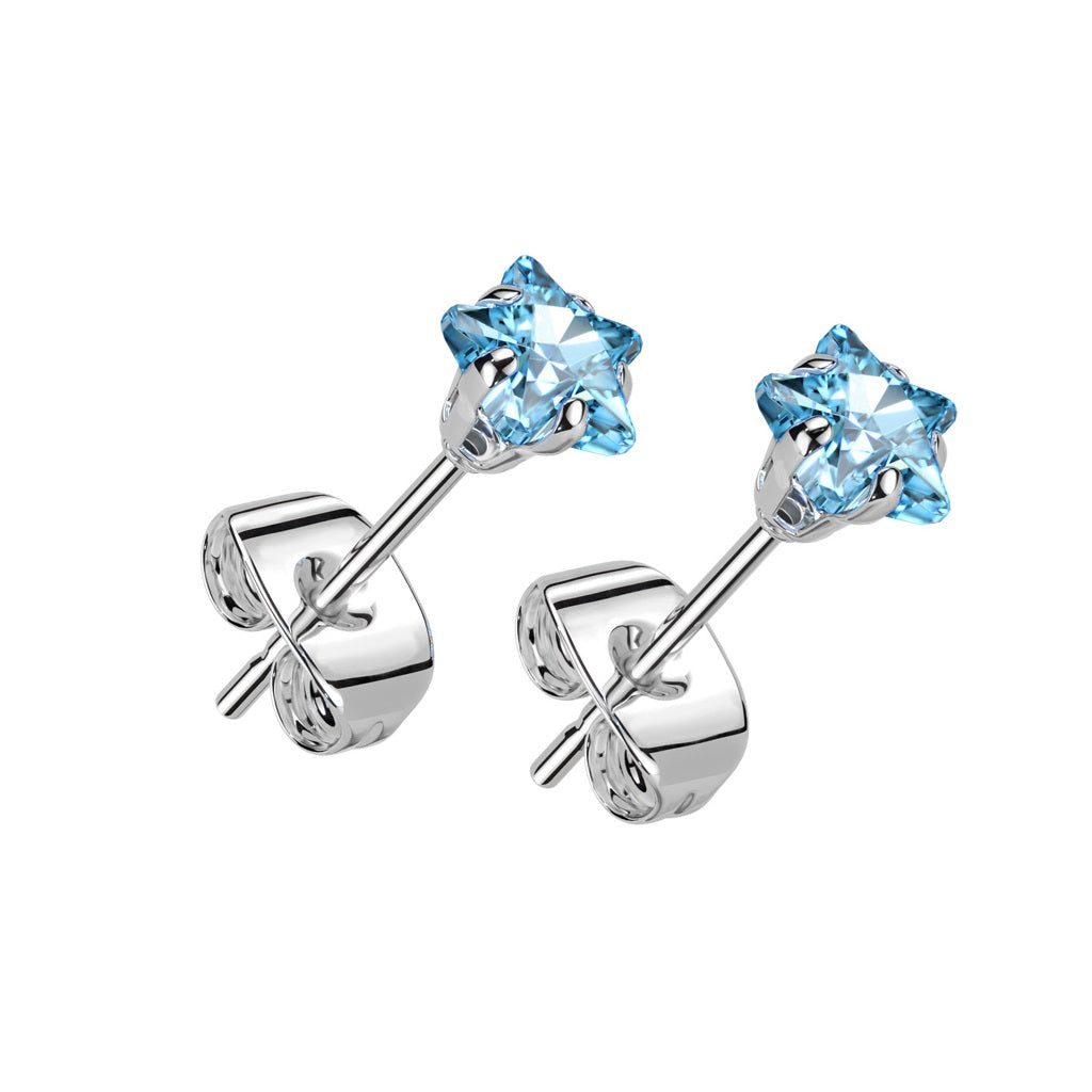 Prong Set CZ Crystal Star Stud Earrings - Pair - 316L Stainless Steel