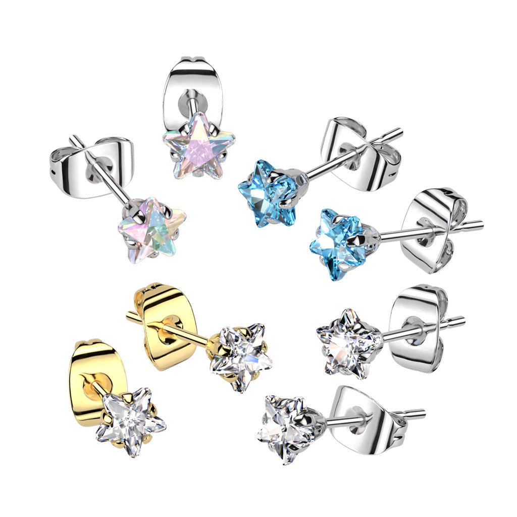 Prong Set CZ Crystal Star Stud Earrings - Pair - 316L Stainless Steel