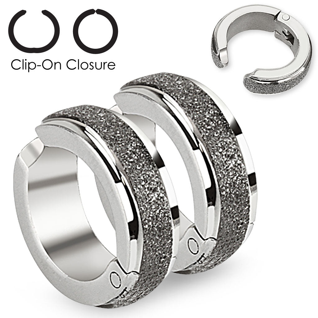 Glitter Center Cuff Clip On Non-Piercing Huggie Hoop Earrings - Pair - 316L Stainless Steel