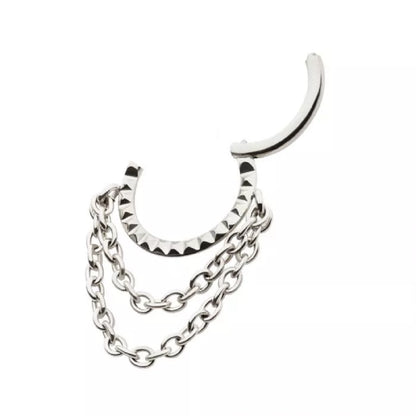 Pyramid Stud Lined Hoop with Double Dangling Chains Hinged Segment Ring - 316L Stainless Steel