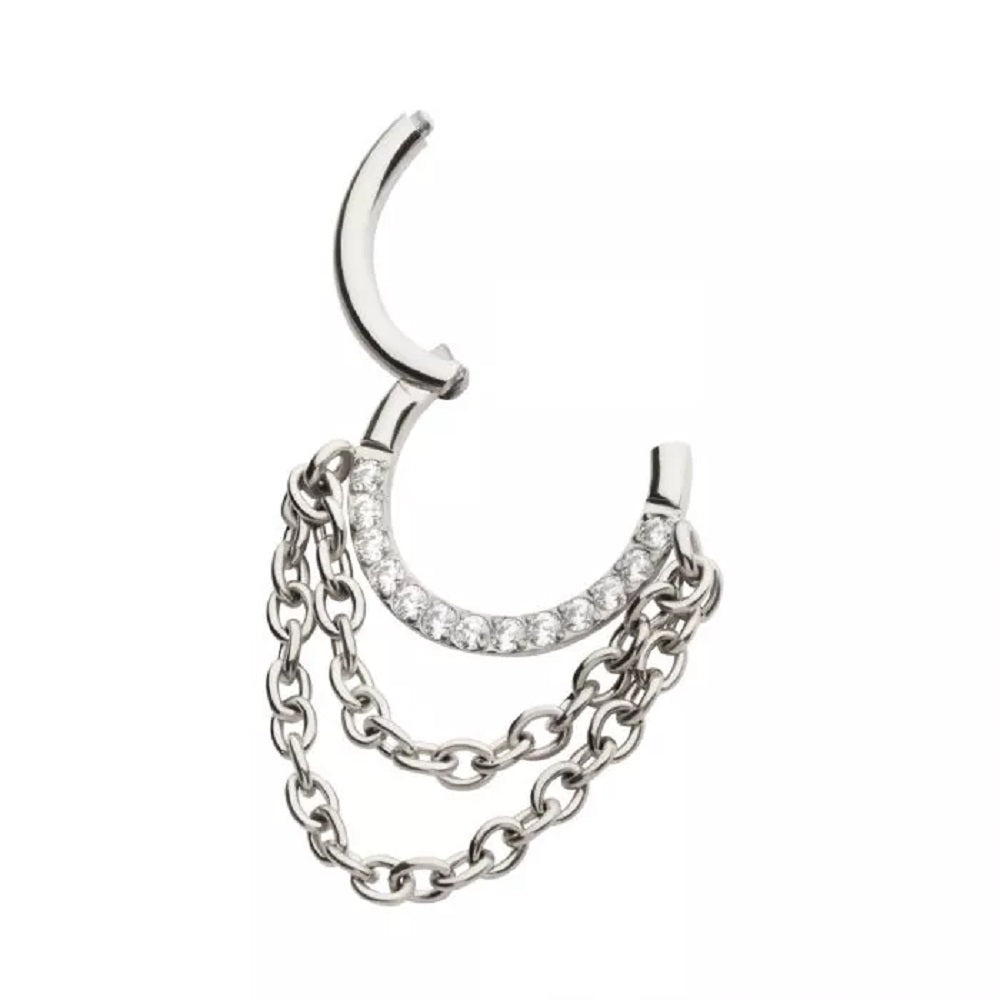 CZ Crystal Lined Hoop with Double Dangling Chains Hinged Segment Ring - 316L Stainless Steel