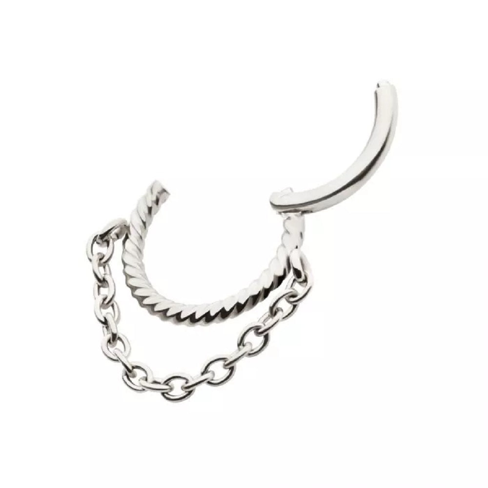 Twisted Design Front Facing Hoop with Dangling Chain Hinged Segment Ring - 316L Stainless Steel