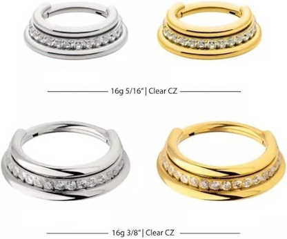 CZ Crystal Lined Cascading Triple Stacked Hinged Segment Clicker Ring - 316L Stainless Steel