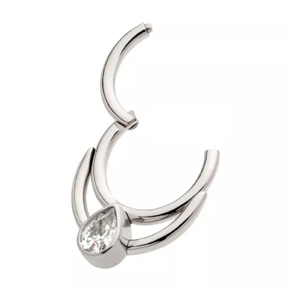 Double Hoop with CZ Crystal Teardrop Center Hinged Segment Ring - 316L Stainless Steel