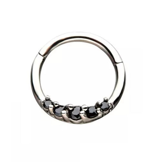 Black Prong Set Five Crystal Gem Hinged Segment Ring in Stainless Steel - Stainless Steel