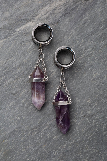 Dangling Amethyst Stone Double Flared Tunnels - 316L Stainless Steel - Pair